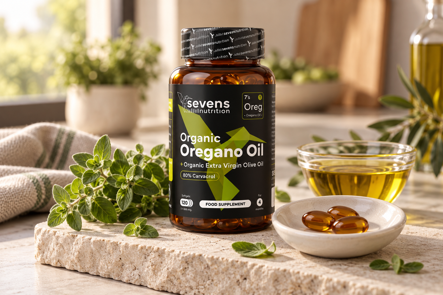 Detalle del envase de aceite de orégano Sevens y sus perlas, con orégano y aceite de oliva.