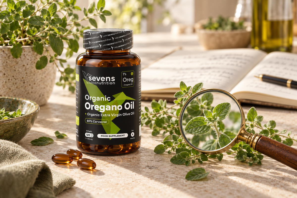 Aceite de orégano Sevens junto a hojas de orégano y una lupa, como introducción a su composición y estudio.