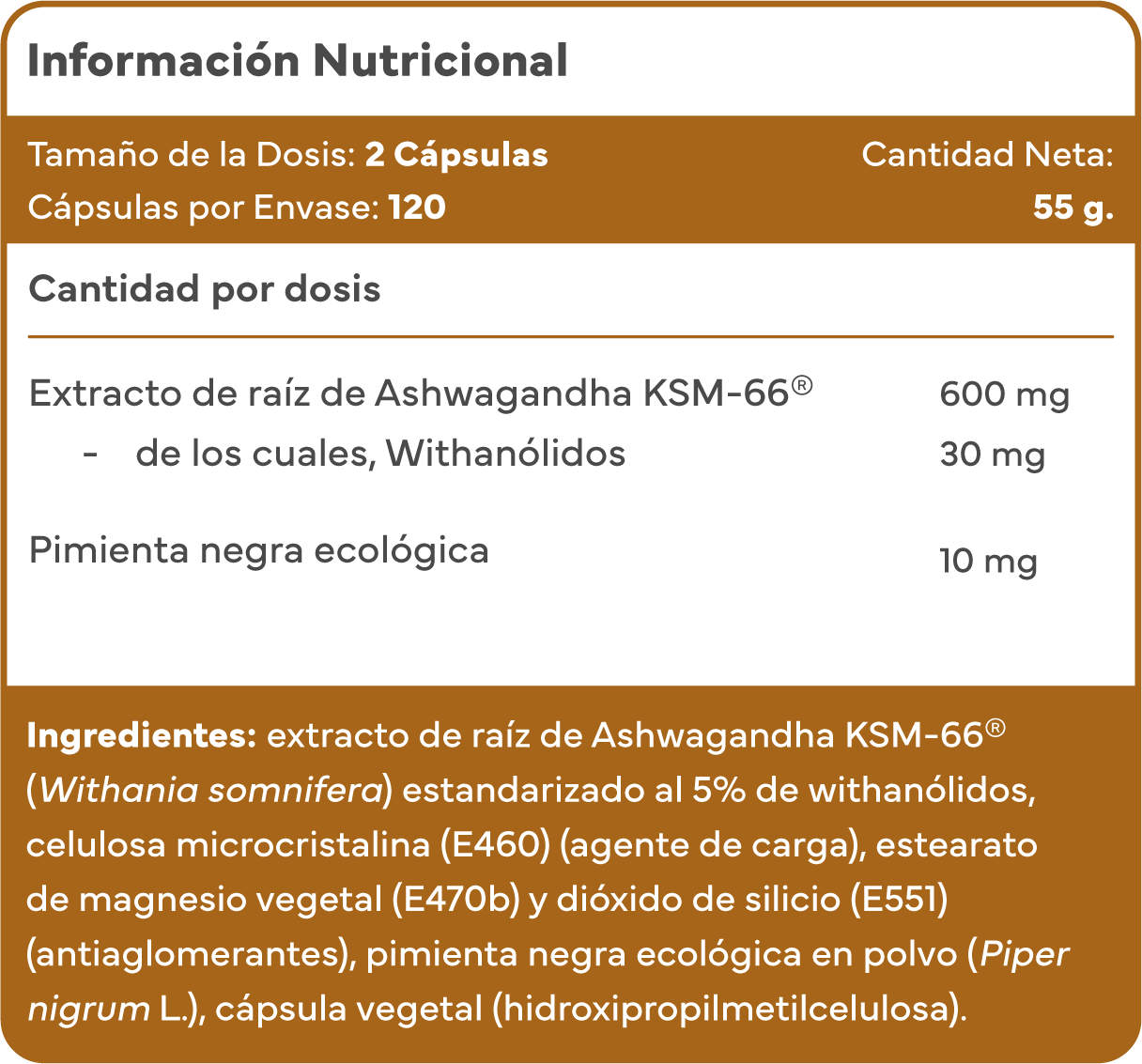 Ashwagandha KSM-66 natural para reducir el estrés y mantener la calma diaria.