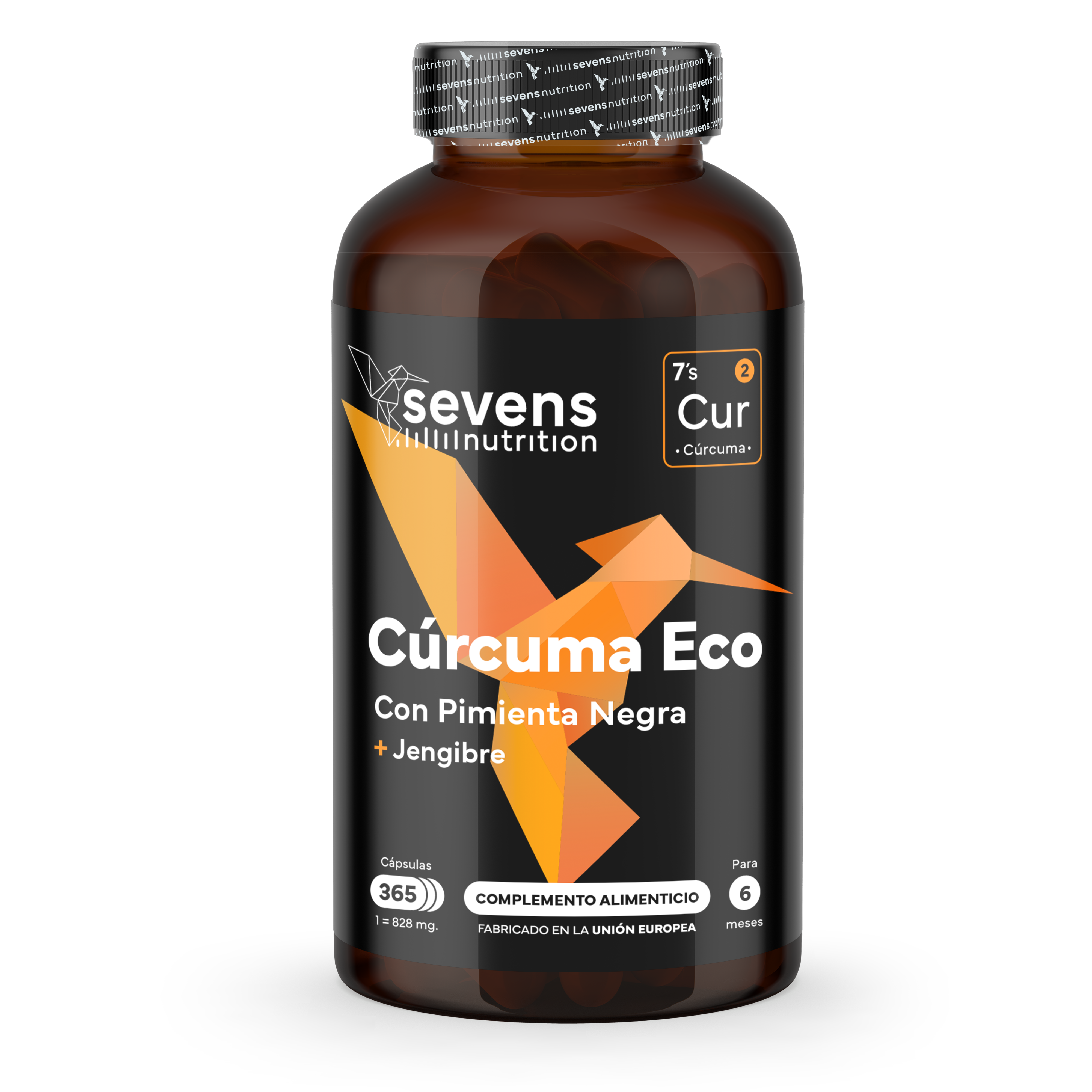 Cápsulas de cúrcuma ecológica Sevens Nutrition con jengibre y pimienta negra