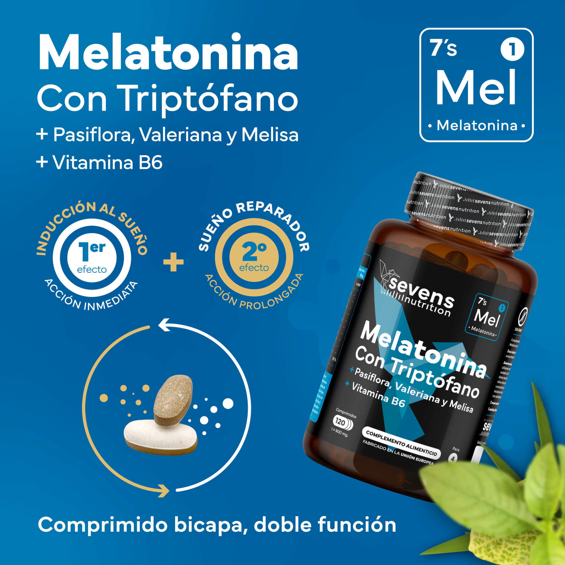 Melatonina 1,9 mg con valeriana y pasiflora para descanso nocturno Sevens Nutrition