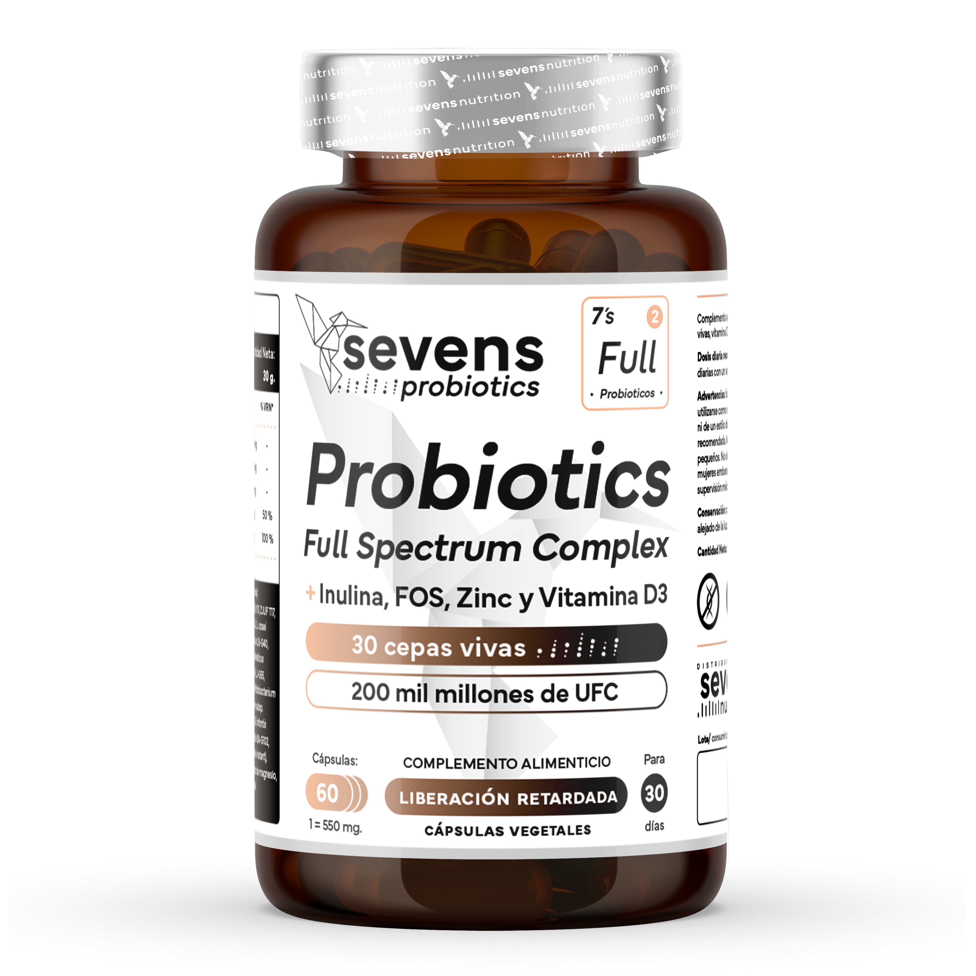 Probióticos intestinales Sevens Nutrition con 30 cepas vivas y 200 mil millones de UFC