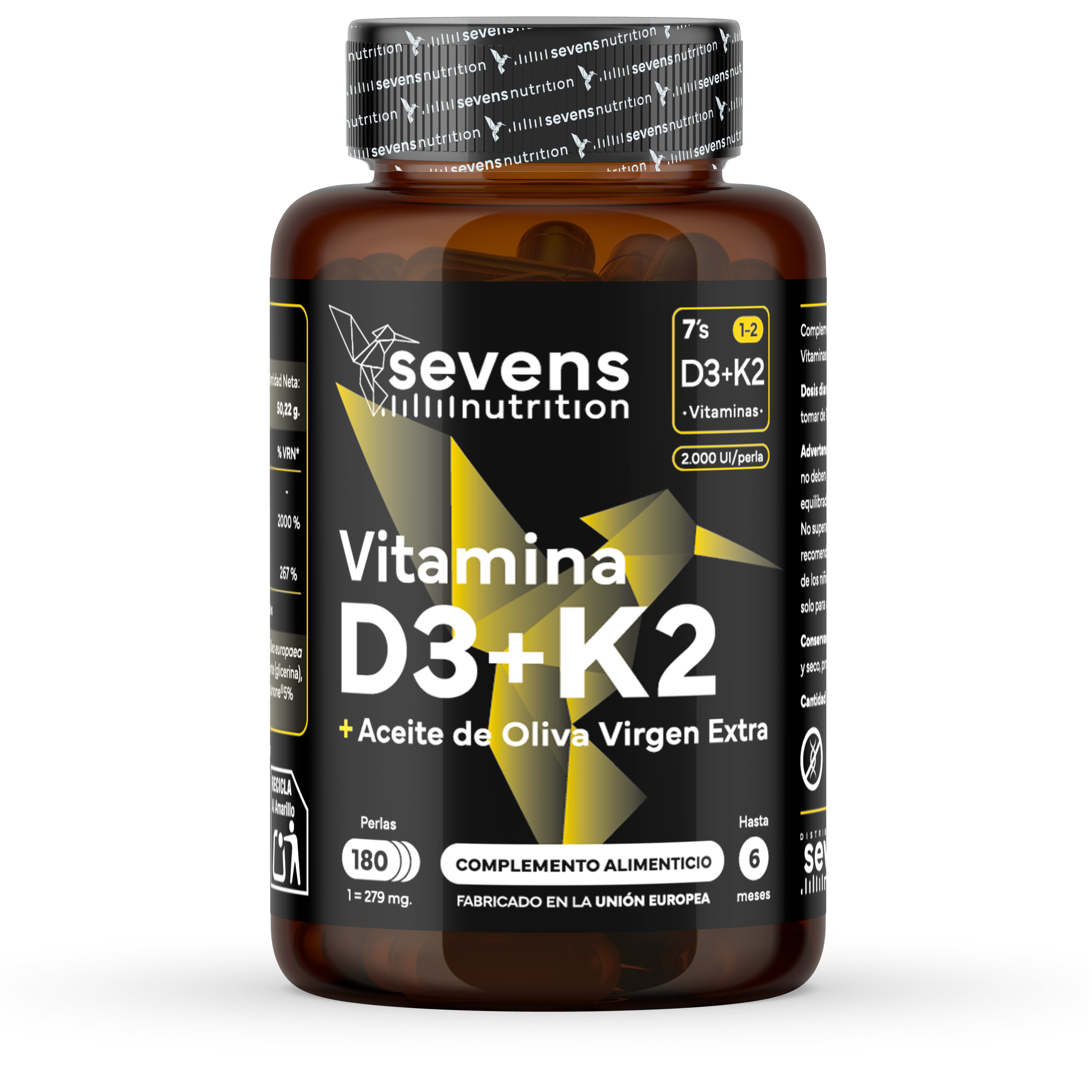 Vitamina D3 + K2 Sevens Nutrition en cápsulas softgel con aceite de oliva